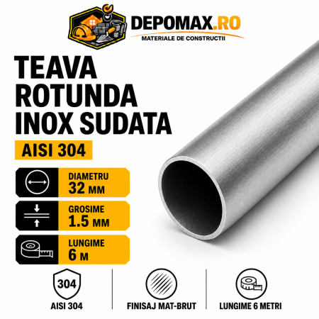 Teava rotunda inox sudata AISI 304, 32 x 1.5 mm, 6 metri